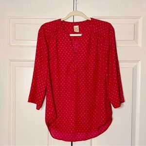 Faded Glory Red Metallic Dot Blouse Size Medium 3/4 Sleeve